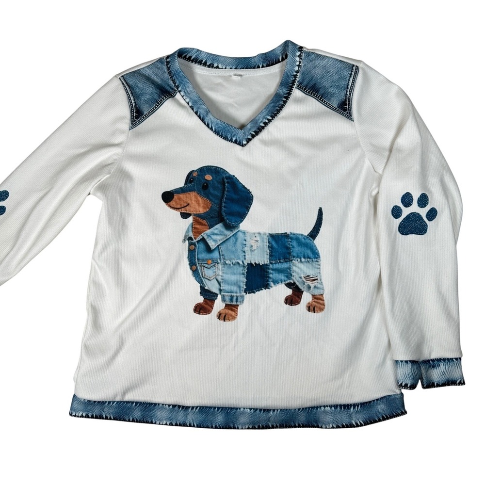 Dachshund Wiener Dog Patchwork Denim Look V-Neck Top White Small